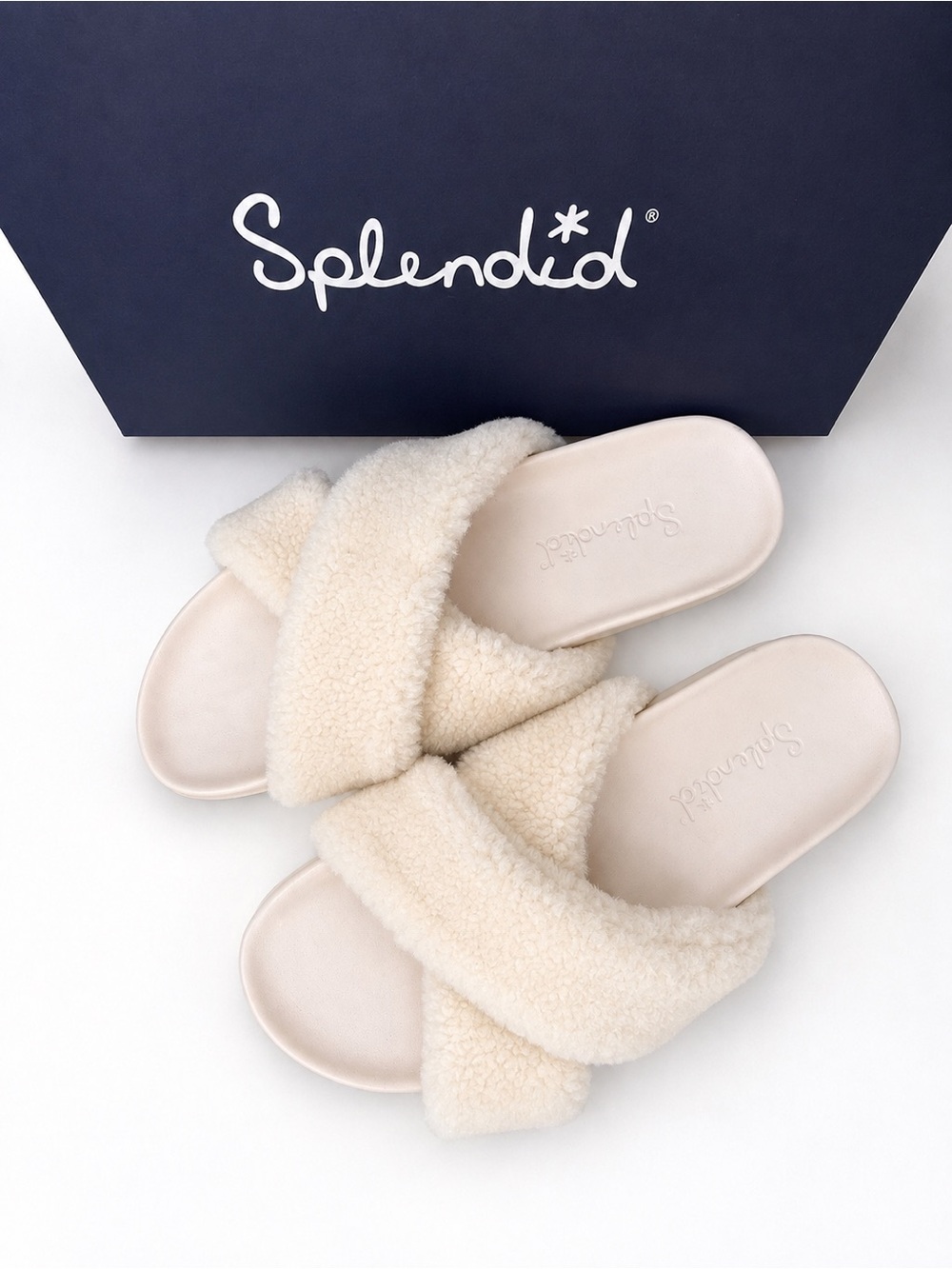 Splendid Cream Faux-Sherpa Crossover Slide Sandals